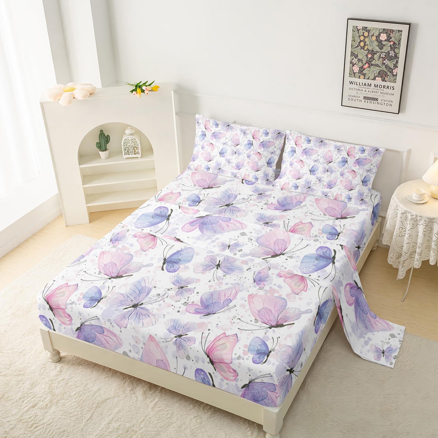 QOOMO Butterfly Bedding for Boys and Girls Pink Silky Soft Microfiber Bed Sheets Cute Butterfly Flat Fitted Sheets Set for Children Twin Size 1 Fitted Sheet, 1 Flat Sheet, 2 Pillow Cases