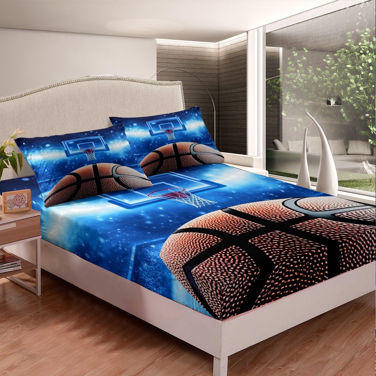 Basketball Bedding Set Sports Theme Basketball Court Print Fitted Sheet for Boys Teens Bed Sheet Set,Kids Child Bedroom Blue Print Soft Lightweight,Decorative 2 Pcs Twin Size