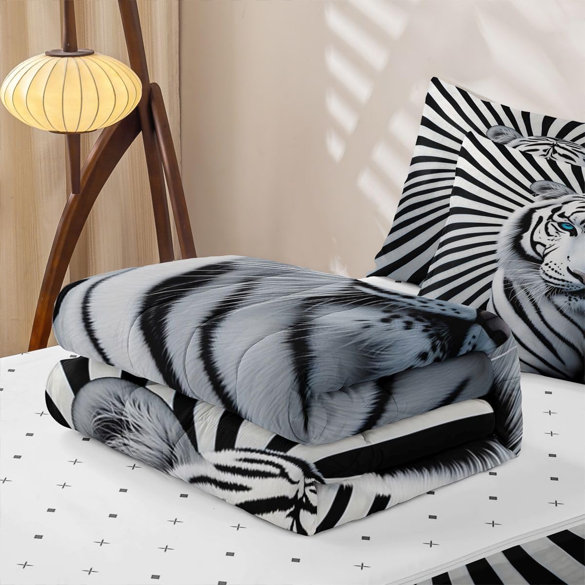 jejeloiu White Tiger Comforter Set Twin Size Zipper Bedding Set for Girls Boys 3D White Tiger Print Comforter with Fitted Sheet, Pillowcases Wildlife Zipper Bedding Soft Breathable Bed in a Bag