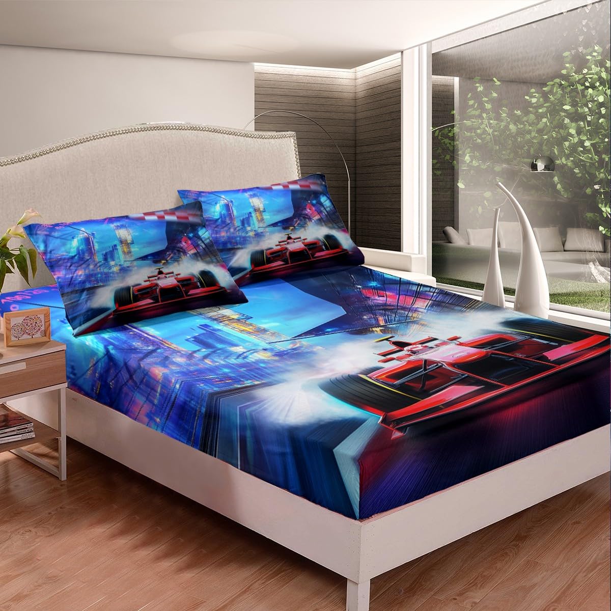 Erosebridal Racing Car Fitted Sheet Racer Bedding Set Extreme Speed Race Bed Cover for Kids Teen Boys Young Man Red Vehicle Bedclothes with 1 Pillow Case Bedroom Decor Twin Size