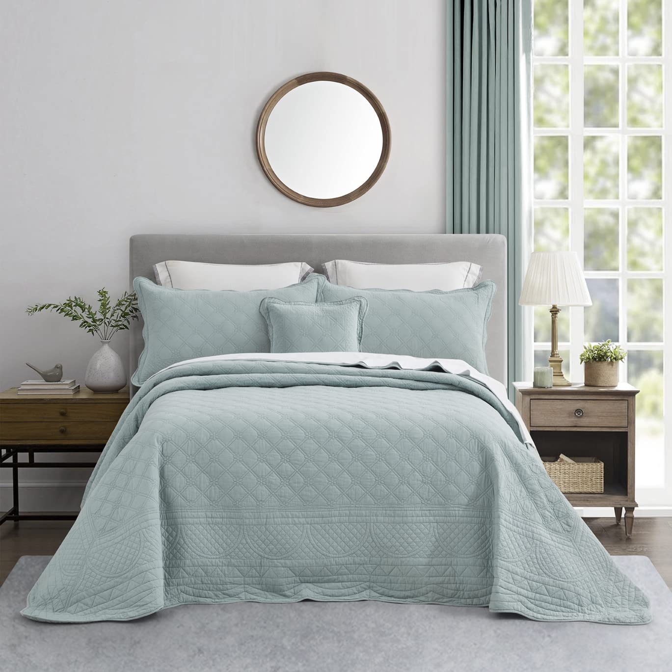 CHIXIN Cotton Bedspread Full Size - Real Stitching - Luxury Quilted Bedding Cover for All Season, Reversible, Ultra Soft, Lightweight, 3 Piece, Pale Blue