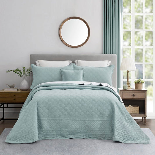 CHIXIN Cotton Bedspread Full Size - Real Stitching - Luxury Quilted Bedding Cover for All Season, Reversible, Ultra Soft, Lightweight, 3 Piece, Pale Blue
