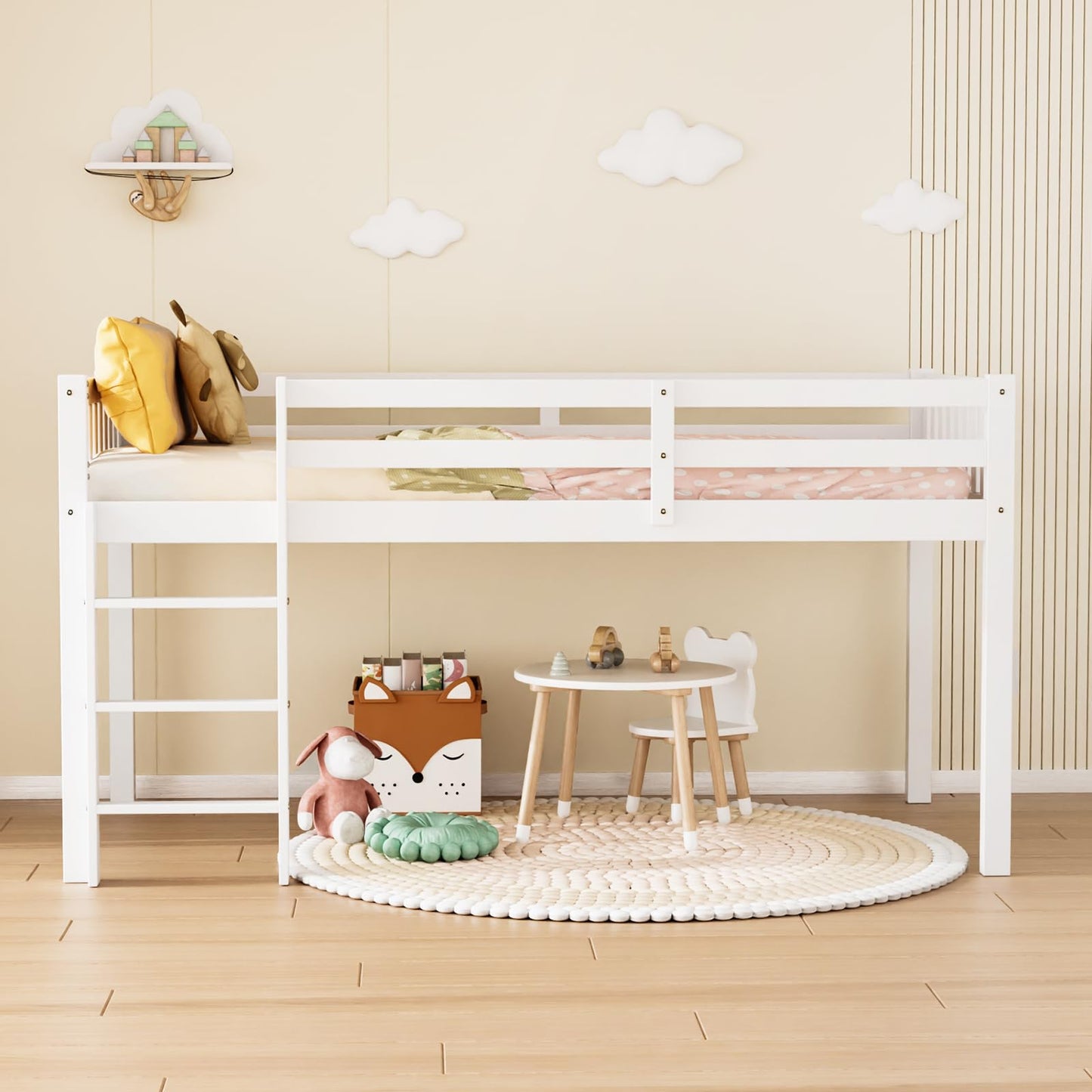 JOYMOR Twin Loft Bed Low Loft Bed Frame for Little Kids Small Room/Low Ceiling Bedrrom with Guardrail and Ladder, White