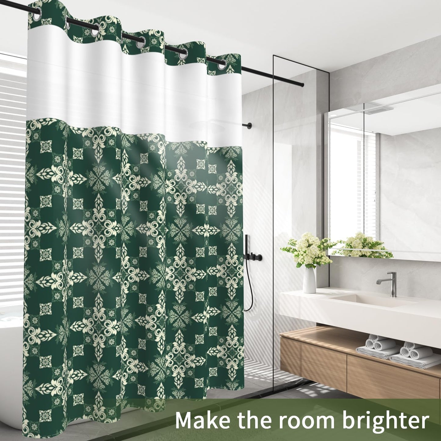 NAEMBCU Green Damask No Hook Shower Curtain with Snap in Liner Set 71x74in