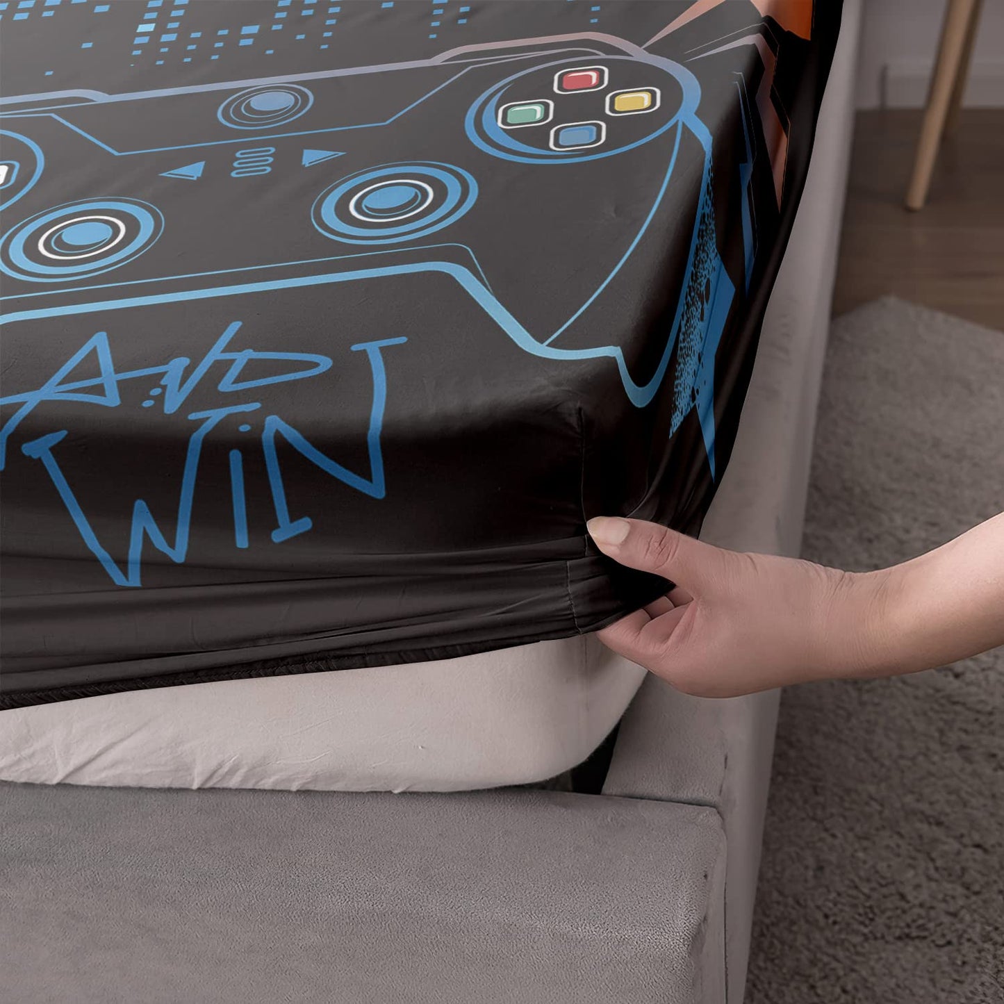 AILONEN Gamer Fitted Sheet Queen Size,Gaming Bedsheets Set,Gamepad Bed Sheet Set for Boys,Boys Video Games Bedding Set,1 Fitted Sheet and 2 Pillow Case,3 Piece