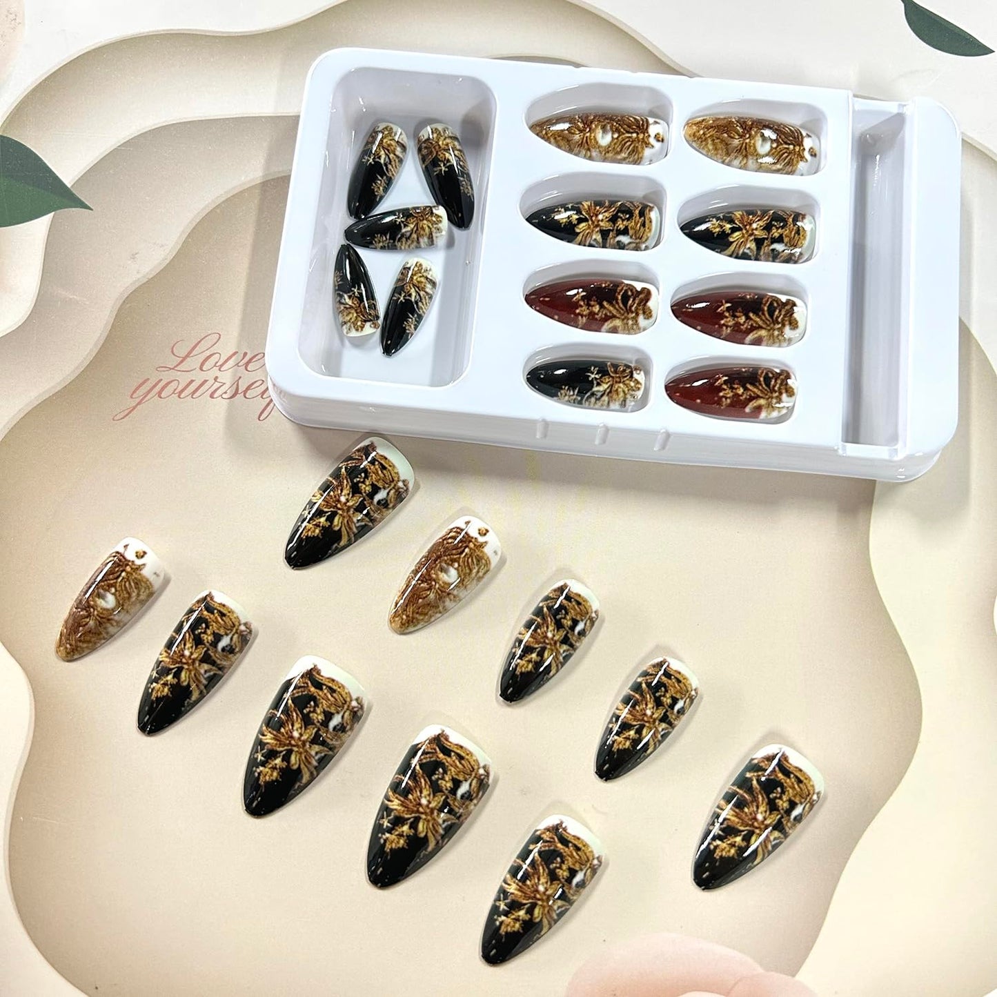 LOPMNGHT Almond Tip Press on Nails Medium Length Gold Flower Pattern Design Black Golden Acrylic False Nail Full Cover Glossy Artificial Fingernails Press Ons Almond Gel Stick on Nail for Women 24Pcs