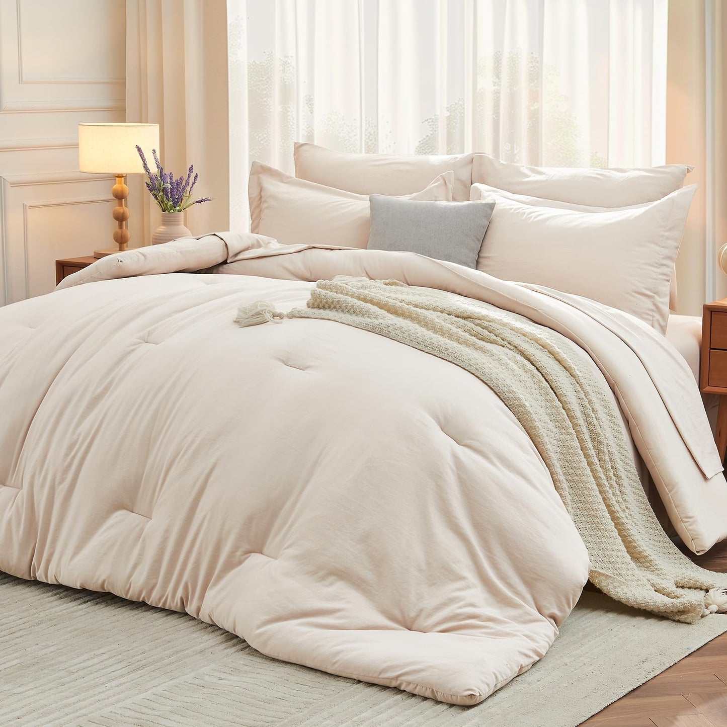 MUXHOMO 7 Pieces Queen Comforter Set, Soft Bed in a Bag Queen Size, All Season Bedding Set with Comforter, Flat Sheet, Fitted Sheet, Pillowcases & Shams, Beige