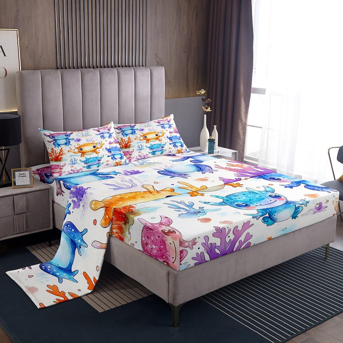 Erosebridal Cartoon Axolotl Bed Sheets for Kids Boys Girls Toddlers,Kawaii Axolotl Sheet Set,Coastal Ocean Sealife Fitted Sheet + Top Sheet + 2 Pillowcases,Full,Purple