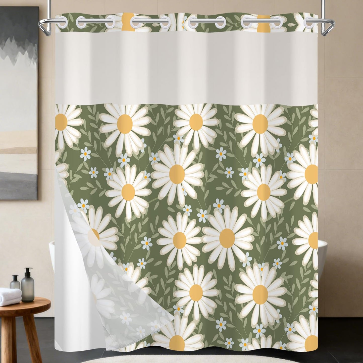 NAEMBCU No Hooks Daisy Shower Curtain with Snap in Liner, Green & White Daisy Floral Shower Curtains for Bathroom, Waterproof Cloth Fabric with See Through Mesh Top Window, 71x74 Inch