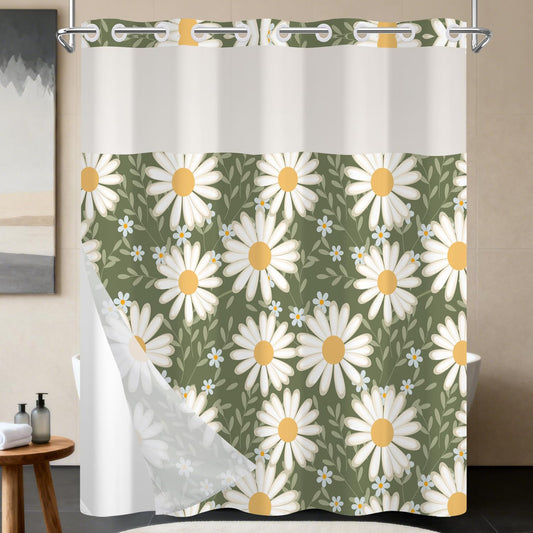 NAEMBCU No Hooks Daisy Shower Curtain with Snap in Liner, Green & White Daisy Floral Shower Curtains for Bathroom, Waterproof Cloth Fabric with See Through Mesh Top Window, 71x74 Inch