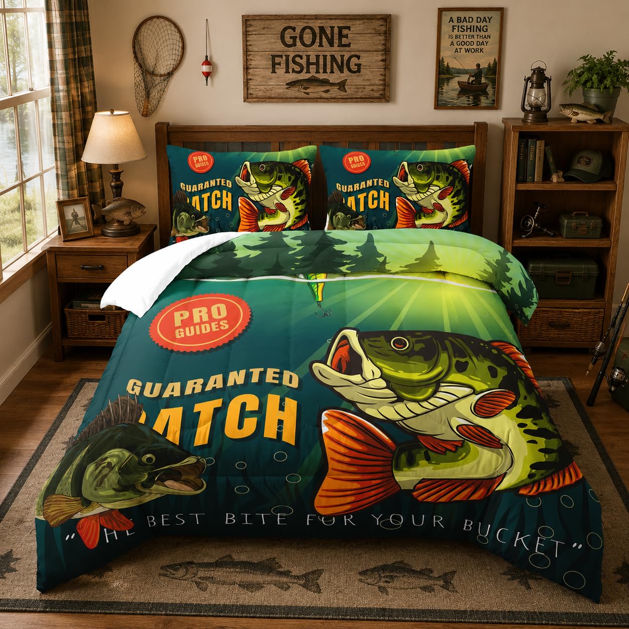 Nttopship Big Pike Fish Comforter Sets, Hunting and Fishing Pattern Bedding Set Twin Size for Kids,Fishing Underwater Animals Bedding Sets All Season 1 Comforter and 2 Pillowcases