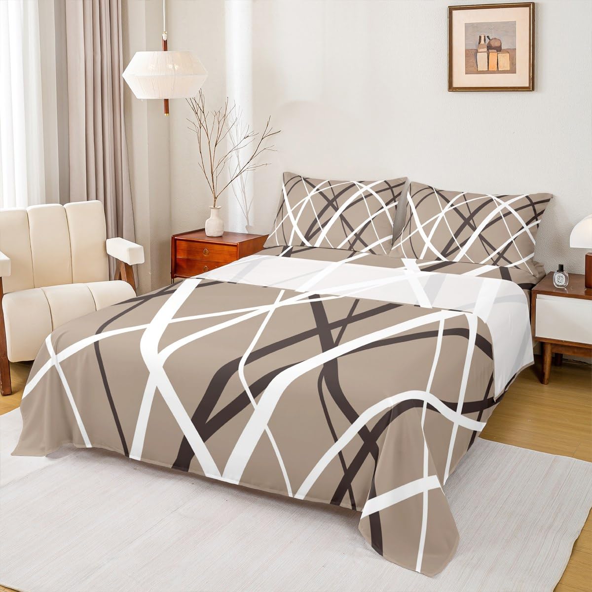 jejeloiu Boys Girls Sheet Set Queen Size, Dark Khaki Bedding Set Kids Geometric Bed Sheets Stripes Teens Bedroom Decor Soft Bed 4Pcs