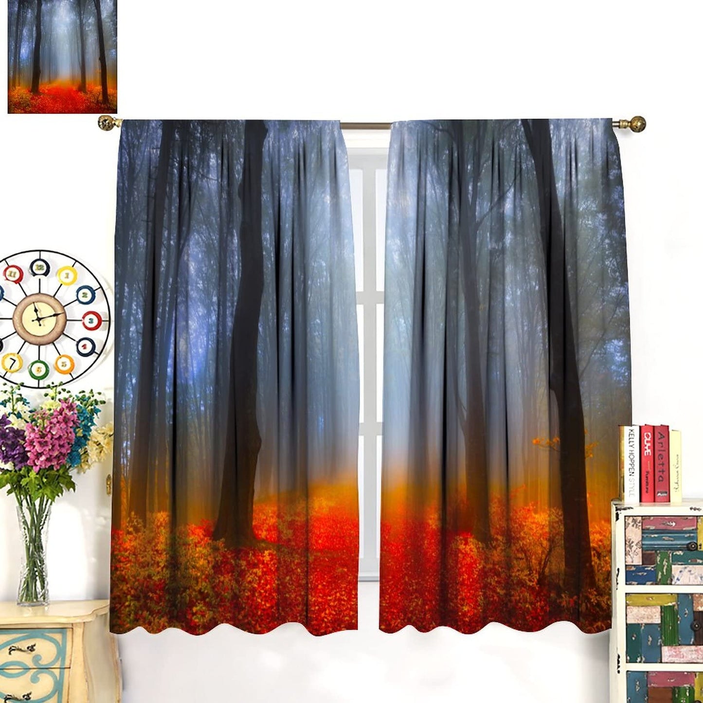 DDCBNS Autumn Forest Curtains,Misty Forest Red Fall Leaf Landscape Décor Curtains for Bedroom Living Room Kitchen Drapes 2 Panel Set,Total Size 42" x 45"