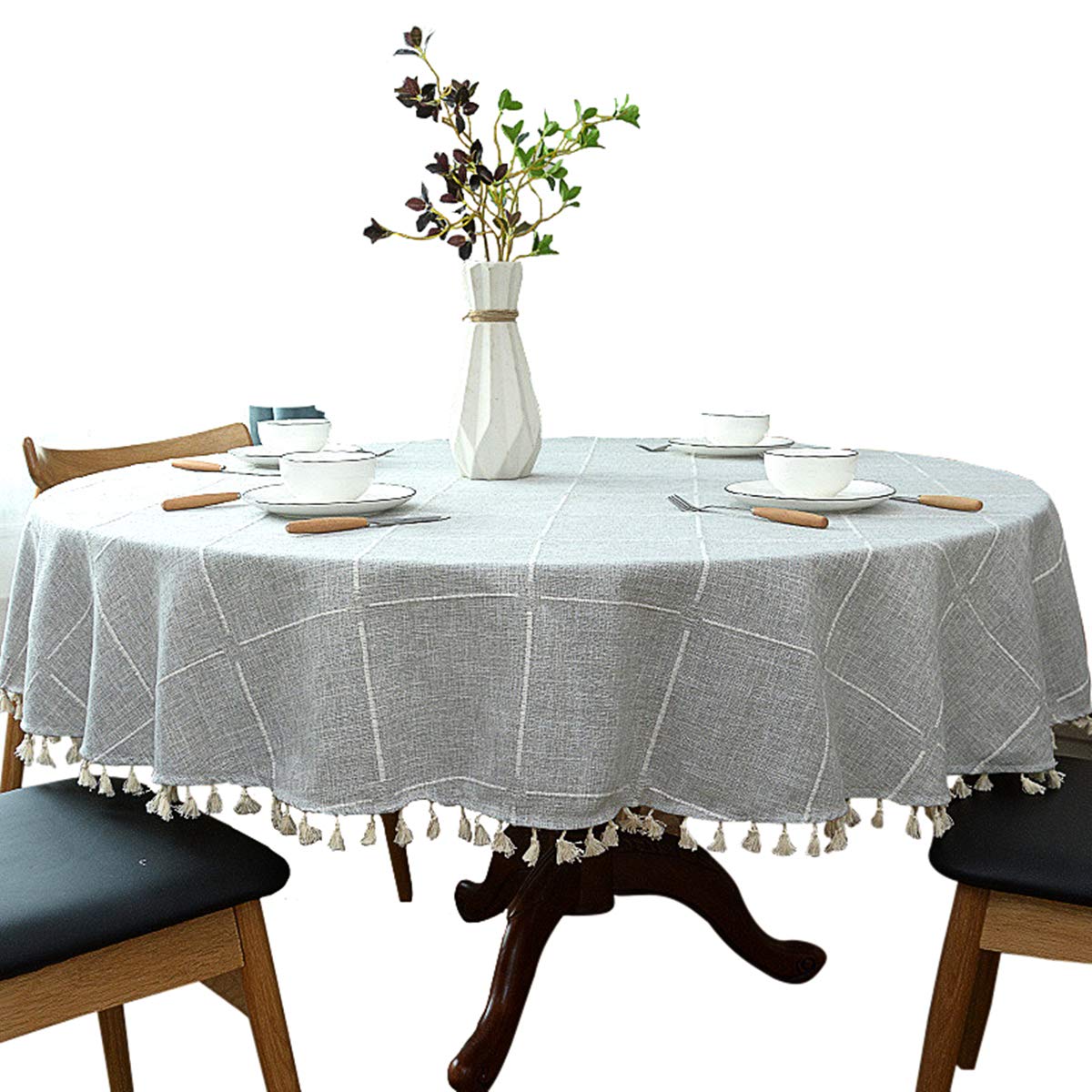 Dimatic Heavy Weight Cotton Linen Tablecloth, Plaid Tassel Round Table Cover for Kitchen Dining Room Tabletop Decorations, Round - 63", Grey