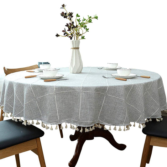 Dimatic Heavy Weight Cotton Linen Tablecloth, Plaid Tassel Round Table Cover for Kitchen Dining Room Tabletop Decorations, Round - 63", Grey