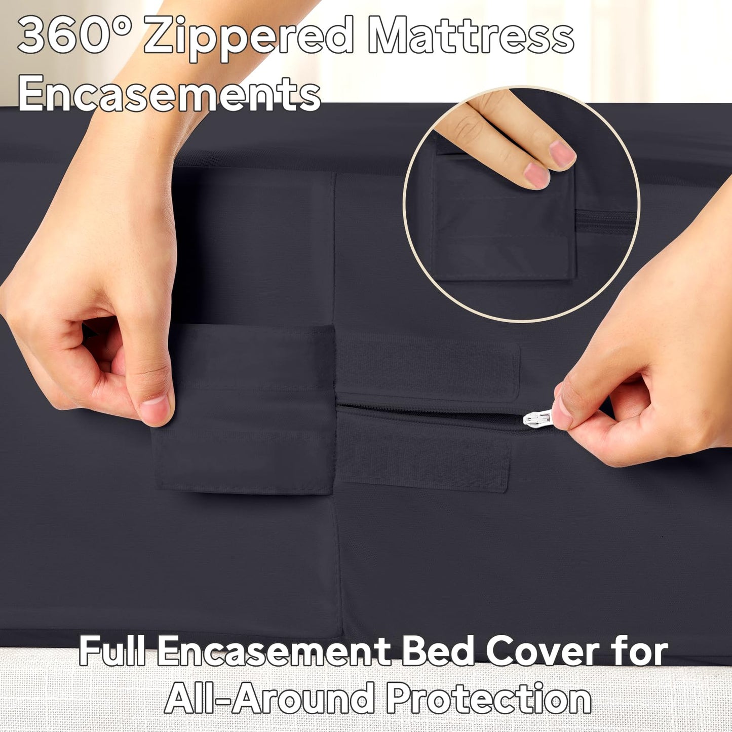 QUWOU Queen Mattress Protector(8’’-10” Depth) – Premium Six-Sided Waterproof Mattress Cover Bed Cover,Zippered Mattress Encasement for Bed, Noiseless Breathable Machine Washable,Black