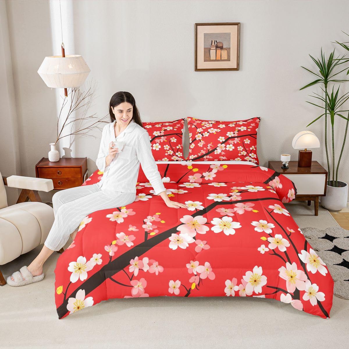 jejeloiu Cherry Blossom Kids Comforter Set Queen Size Japanese Style Bedding Set Chinese Ink Painting Duvet Quilt for Kids Boys Girls Bedroom Plum Blossom Decor Microfiber Ultra Soft Breathable