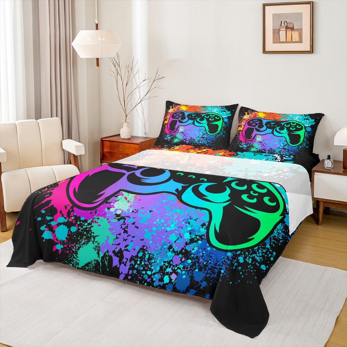 Erosebridal Gamer Bed Sheets King,Gaming Bed Sheet Set for Boys Game Room Decor,Tie Dye Bed Set for Kids Girls Teens Video Games Bedding Sheets,Gamepad Fitted Sheet + Flat Sheet + 1 Pillow Case