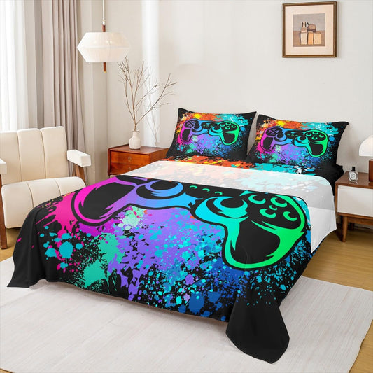 Erosebridal Gamer Bed Sheets King,Gaming Bed Sheet Set for Boys Game Room Decor,Tie Dye Bed Set for Kids Girls Teens Video Games Bedding Sheets,Gamepad Fitted Sheet + Flat Sheet + 1 Pillow Case