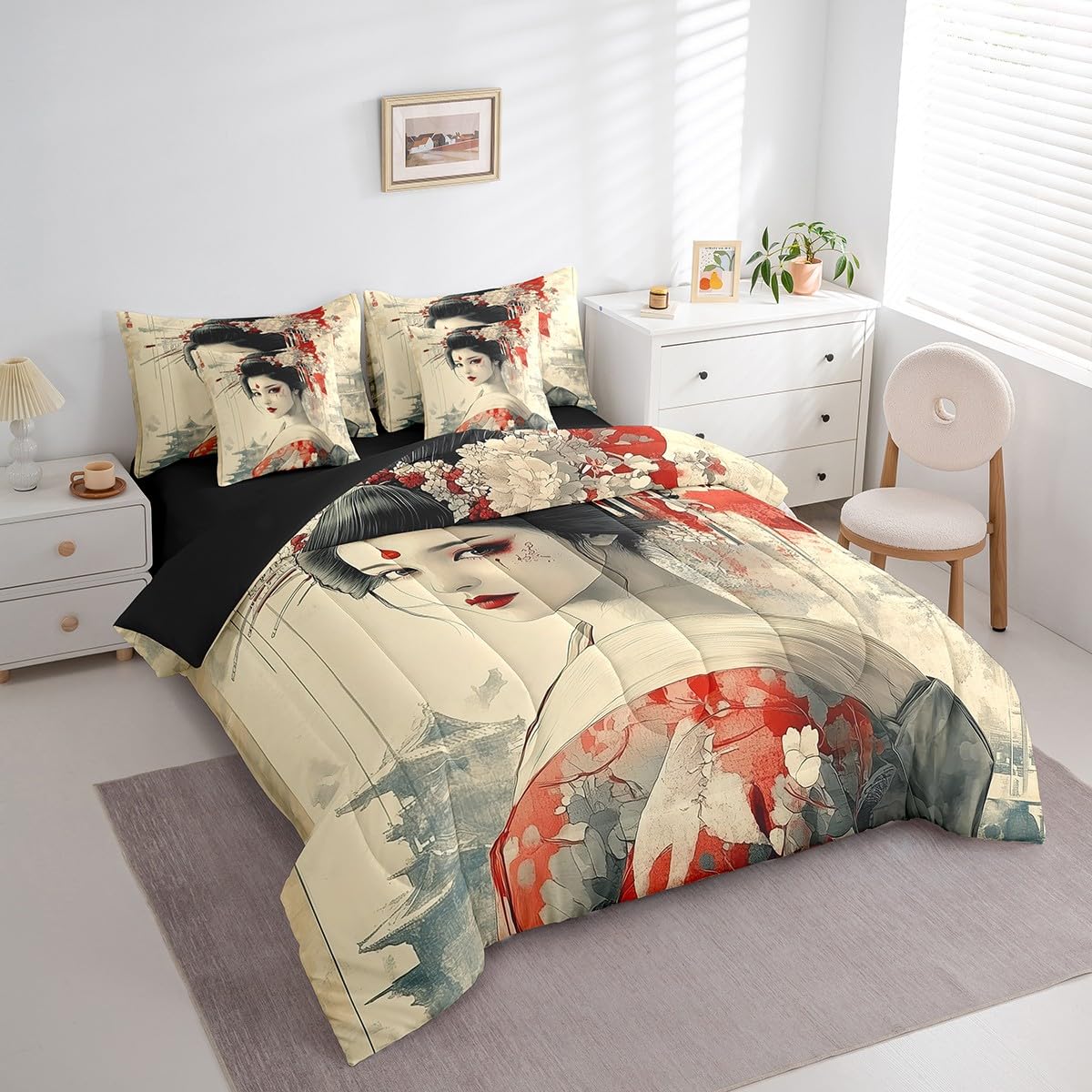 Erosebridal Japanese Geisha Comforter Set Twin,Samurai Ukiyoe Bed in a Bag,Aesthetic Japan Scenery Bedding Set 7Pcs,Art Kimono Quilt