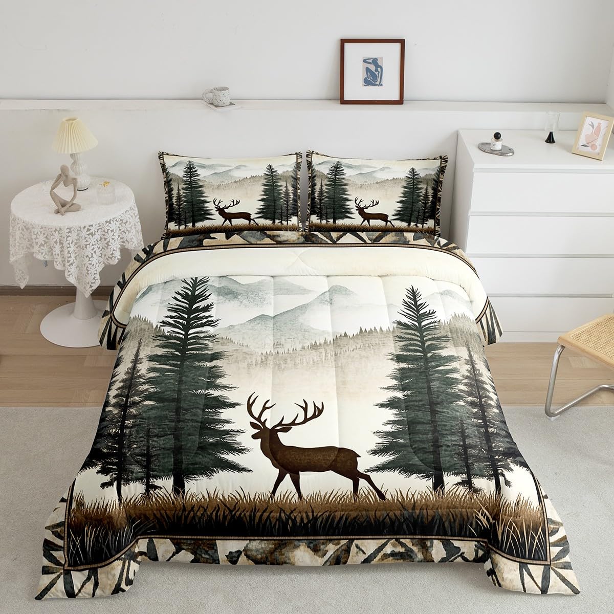 Deer Bedding Set Full Size,Pine Tree Animal Comforter Set for Kids Girls Boys Adults Room Decor,Foggy Mountain Plant Wildlife Duvet Insert 3Pcs,Retro Rustic Style Microfiber Quilt Set,2 Pillowcases