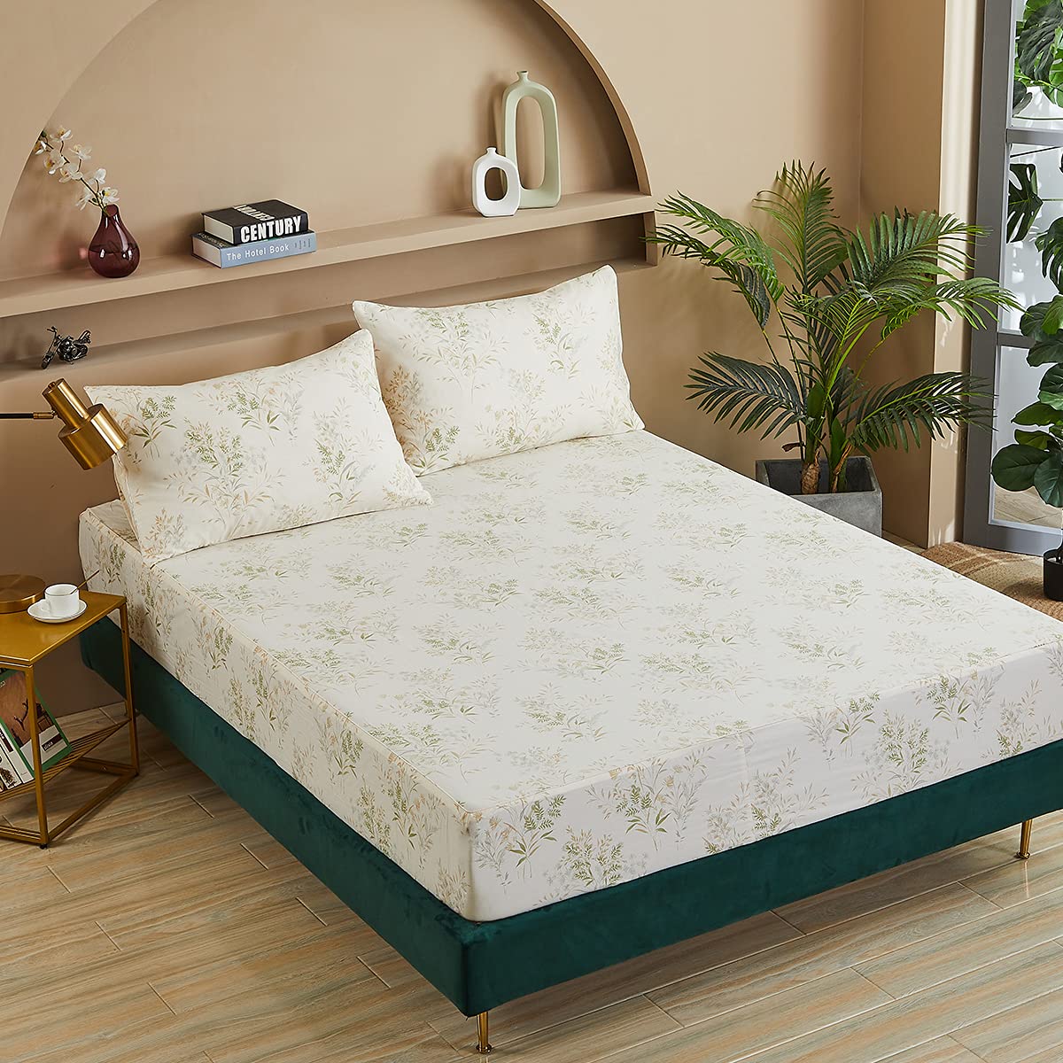 FADFAY Queen Bed Sheet Sets, Floral Leaves Bed Sheet Set Premium 100% Cotton 600 TC Green & Cream Flower Bedding Botanical Pastel Printed Soft Deep Pocket Fitted Sheet 4Pcs, Queen