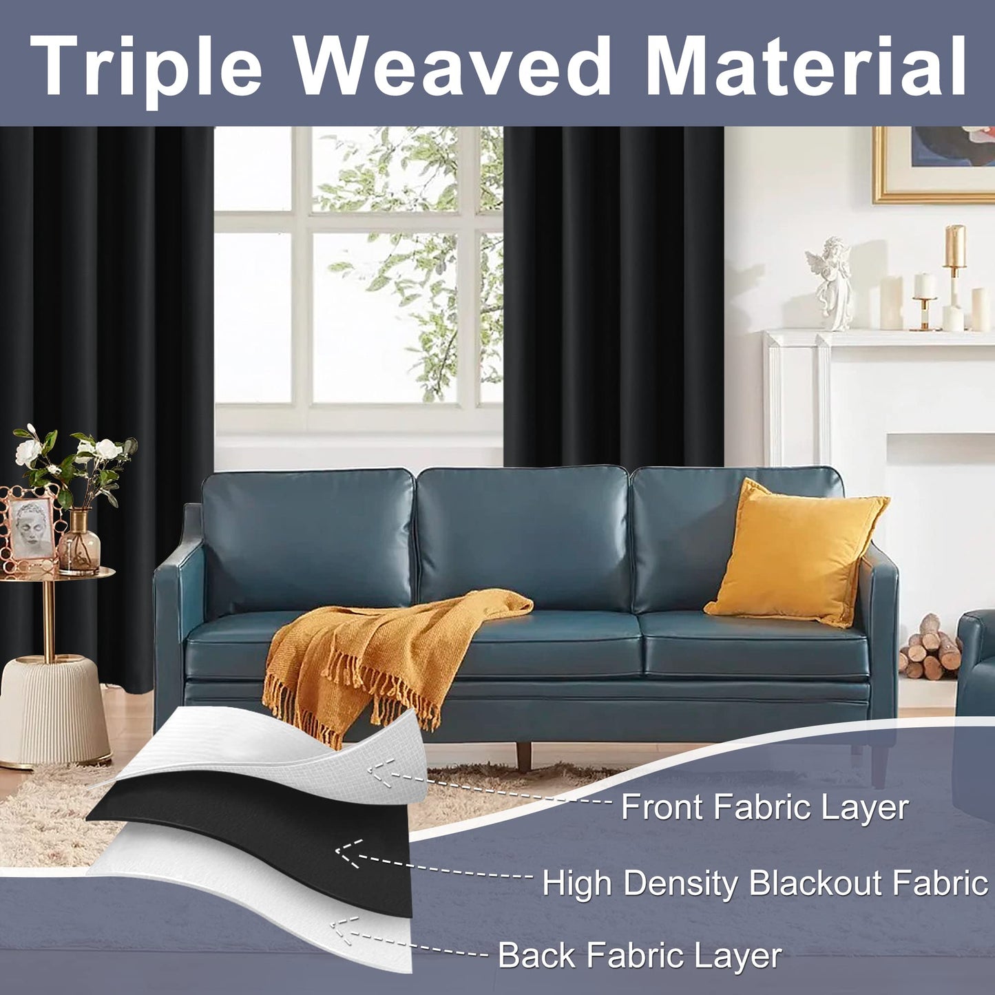 JIUZHEN Blackout Curtains for Bedroom– Thermal Insulated,Noise Reducing Room Darkening Rod Pocket Curtains for Living Room, Set of 2 Panels with Tiebacks, 42 x 63 inch Long, Black