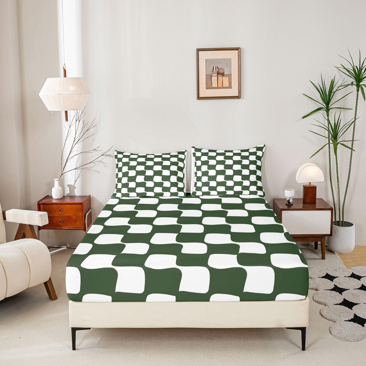 jejeloiu Checkered Grid Fitted Sheet Full Size for Kids Boys Girls Buffalo Plaid Bed Sheets Set 16" Deep Pocket Soft Breathable Microfiber Green White Bedding with 2 Pillowcases Geometric Room Decor