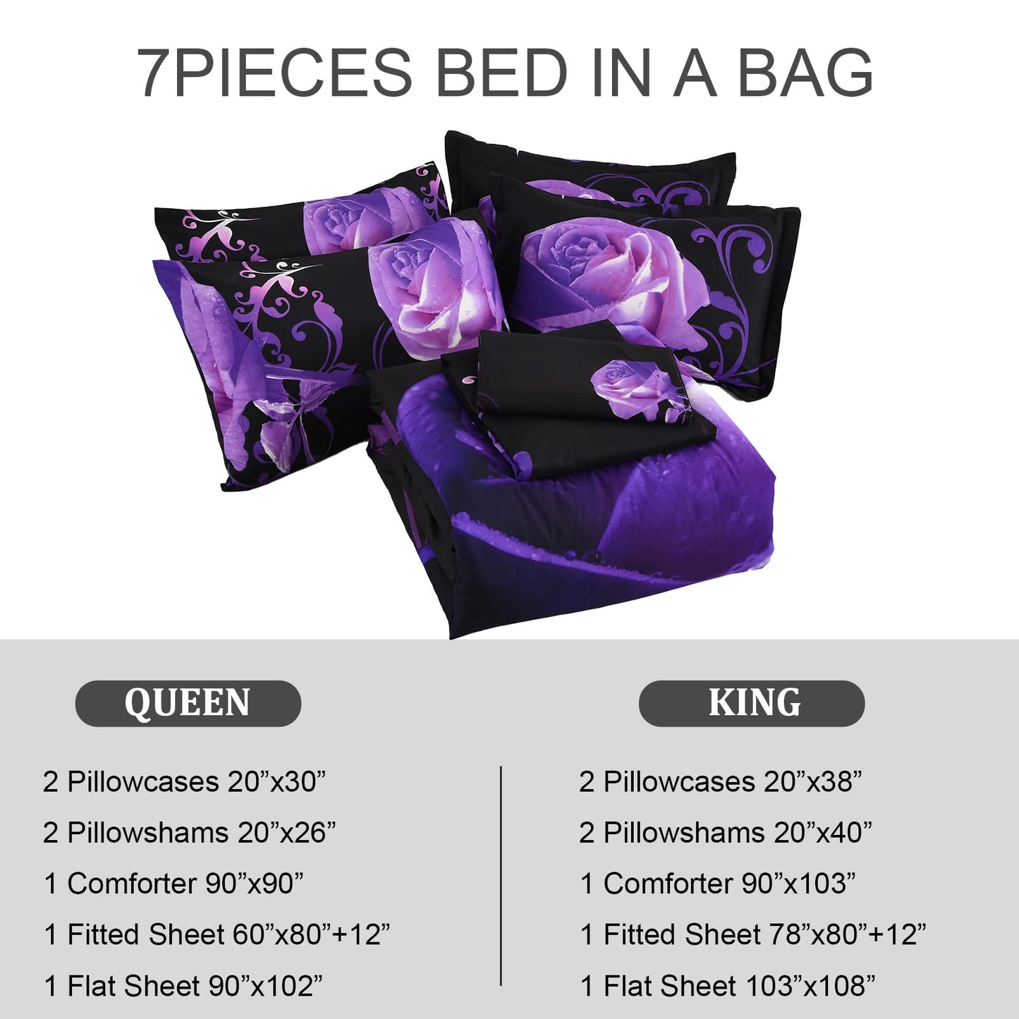 Xruibed Floral Comforter Set King 7 Piece Bed in a Bag Purple Rose Flower Comforter with Sheet Set Soft Micorfiber Bedding Set (1 Comforter,2 Pillow Shams,1 Flat Sheet,1 Fitted Sheet,2 Pillowcases)