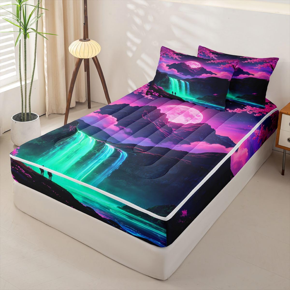 Feelyou Japanese Anime Zipper Bedding Sets for Kids Boys Girls Japan Full Comforter Set with Fitted Sheet Nature Landscape Bedroom Decor Microfiber with 2 Pillow Cases