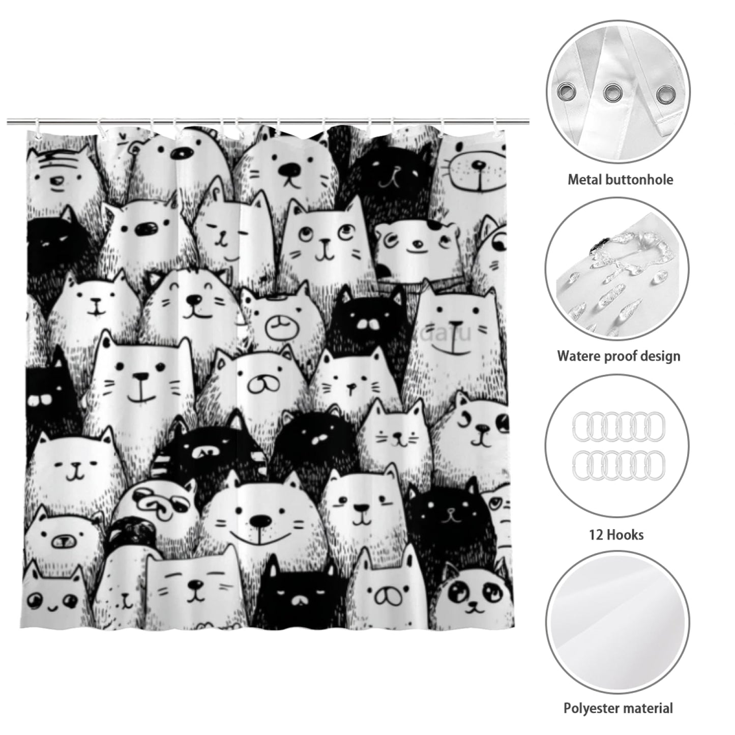 Wordatu Labrador Retriever Pet Shower Curtain, Group of Dogs and Cats Animals Cloth Fabric Bathroom Decor Set 72X72 Inches, Black and White