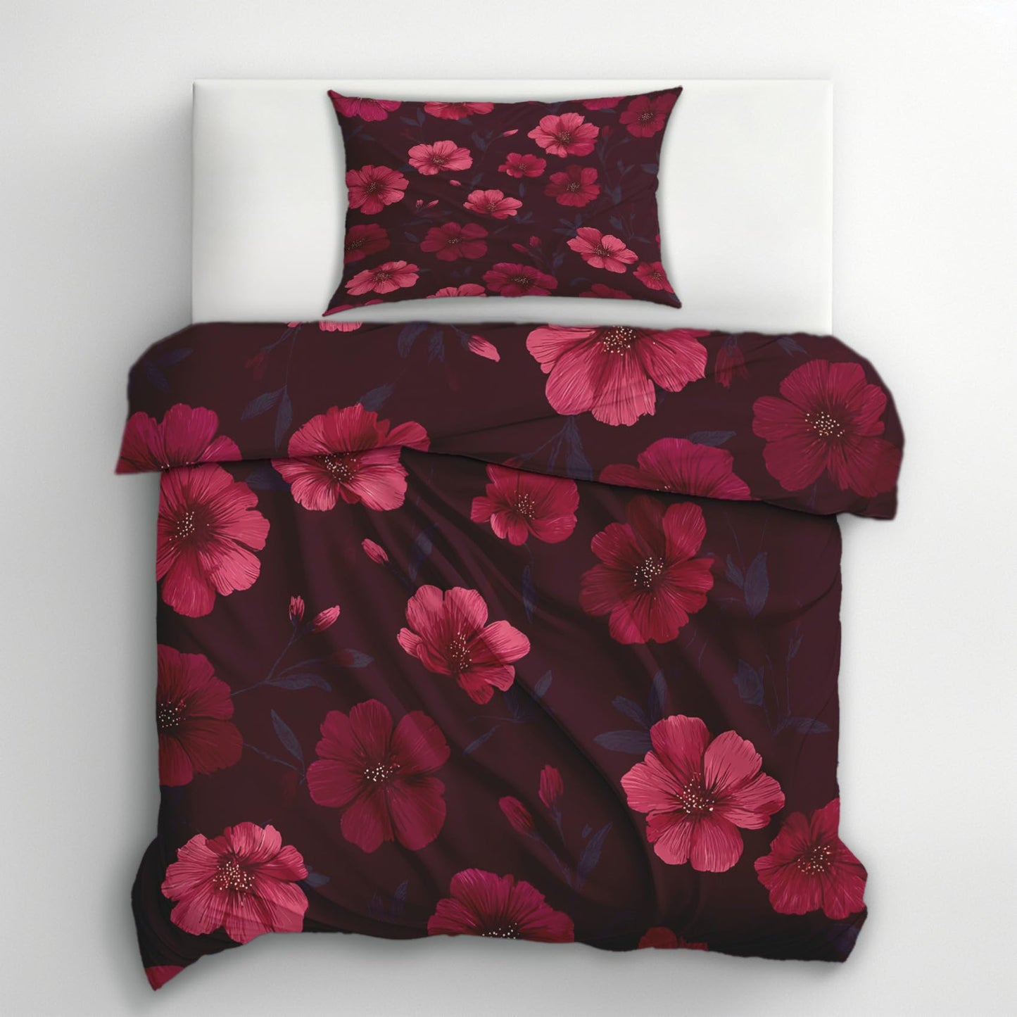 Burgundy Pink Floral Full Duvet Cover Set 3 Piece, Botanical Flower Reversible Bedding with 2 Pillow Shams, Zipper & Ties, Ultra Soft Microfiber, Floral Bedroom Decorations 79A-I
