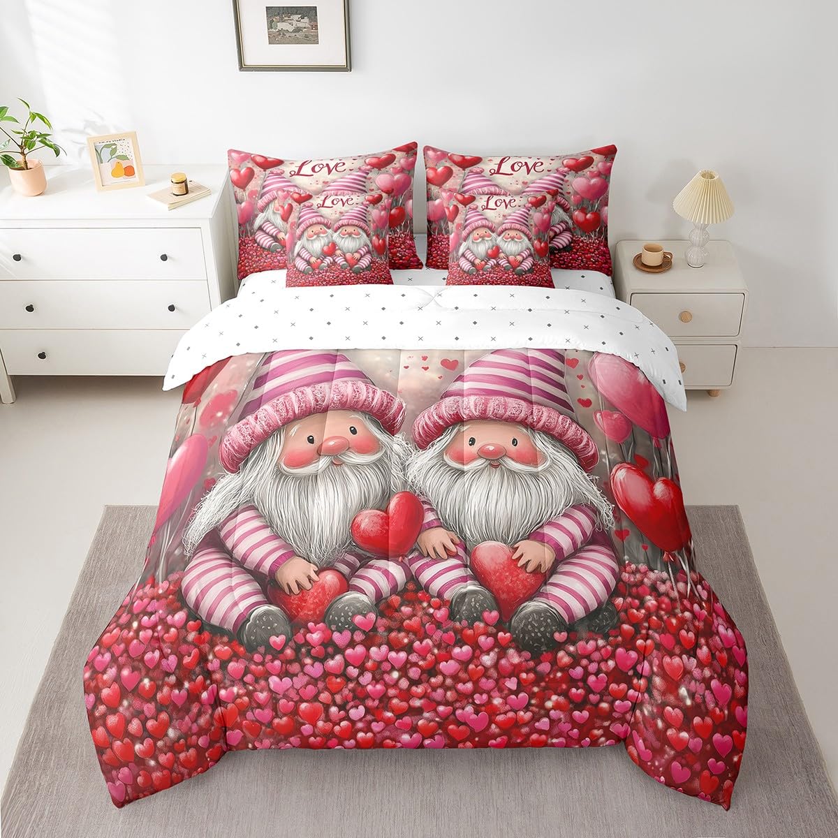 Erosebridal Valentines Day Gnomes Queen 7 Piece Bedding Set - Romantic Cute Gnome Comforter Set with Sheets for Kids Girls Boys, Coquette Love Heart Print Bed in a Bag with Fitted + Flat Sheet