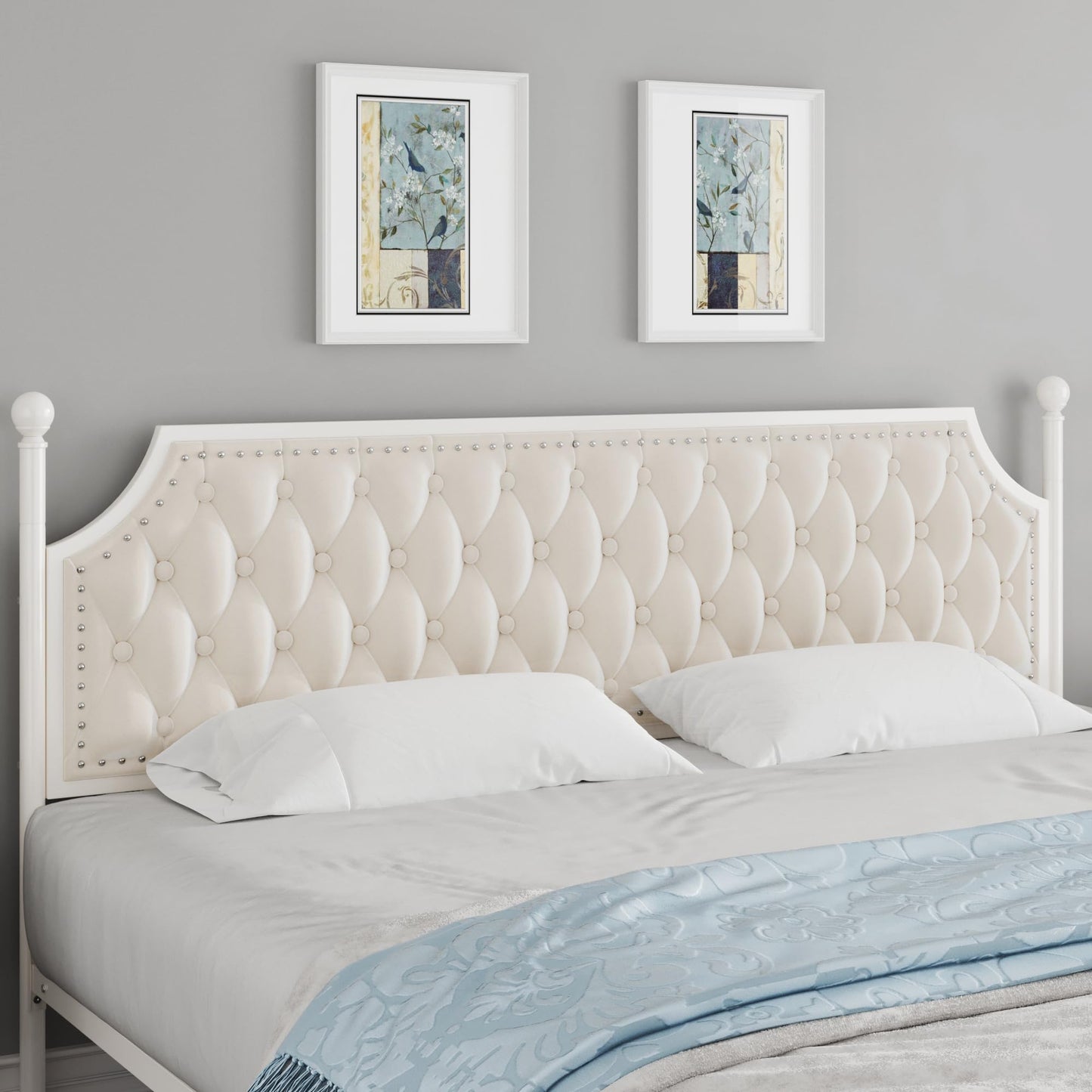 Keyluv Full Upholstered Canopy Bed Frame with 2 Storage Drawers & Button Tufted Headboard, Metal Platform Bed with 4 Removable Posts, Two-Purpose Velvet Bed, Beige/Curtain Not Included