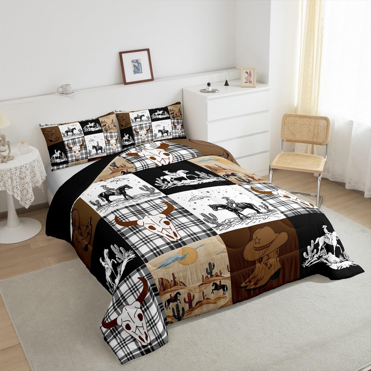 Erosebridal Boho Horse Skull Bull Bedding Set Twin, Western Cowboy Country Hunting Comforter Set, Exotic Wild Animal Plaid Check Adventure Comforter, Southwestern Rustic Farmhouse Quilt