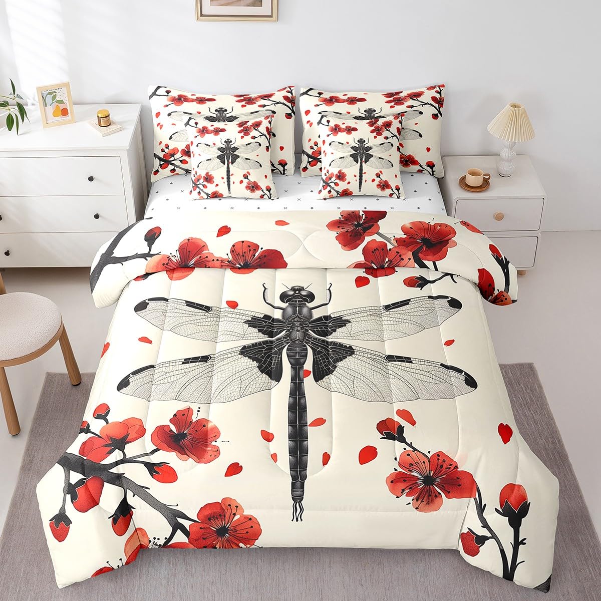 Erosebridal Japanese Cherry Blossom Comforter Set Queen,Red Black Dragonfly Bedding Set 7Pcs for Kids Teens Adults,Watercolor Red Floral Bed in a Bag