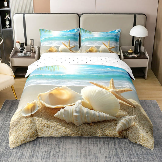 100% Cotton Beach Themed Bedding Sets Twin Blue Ocean Comforter Cover Seashell Starfish Printed Bed Sets Beach Coastal Duvet Cover 1 Duvet Cover 1 Pillowcases for Kids Teens Adults (No Comforter)