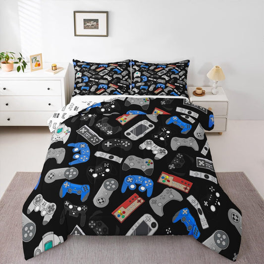 Erosebridal Teens Gamepad Bedding Set, Modern Gamer Down Comforter Full Size for Kids Boys Children Youth, Video Game Comforter Set Player Gaming Joystick Duvet Insert for Bedroom, Black Blue