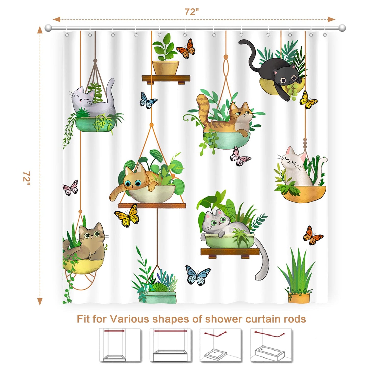 CutebriCase Hanging Potted Plants Cat Shower Curtain, Bracketplant KittyShower Curtain for Bathroom with 12 Hooks Polyester Fabric Waterproof Shower Curtain Sets Machine Washable Kids Bath Curtain