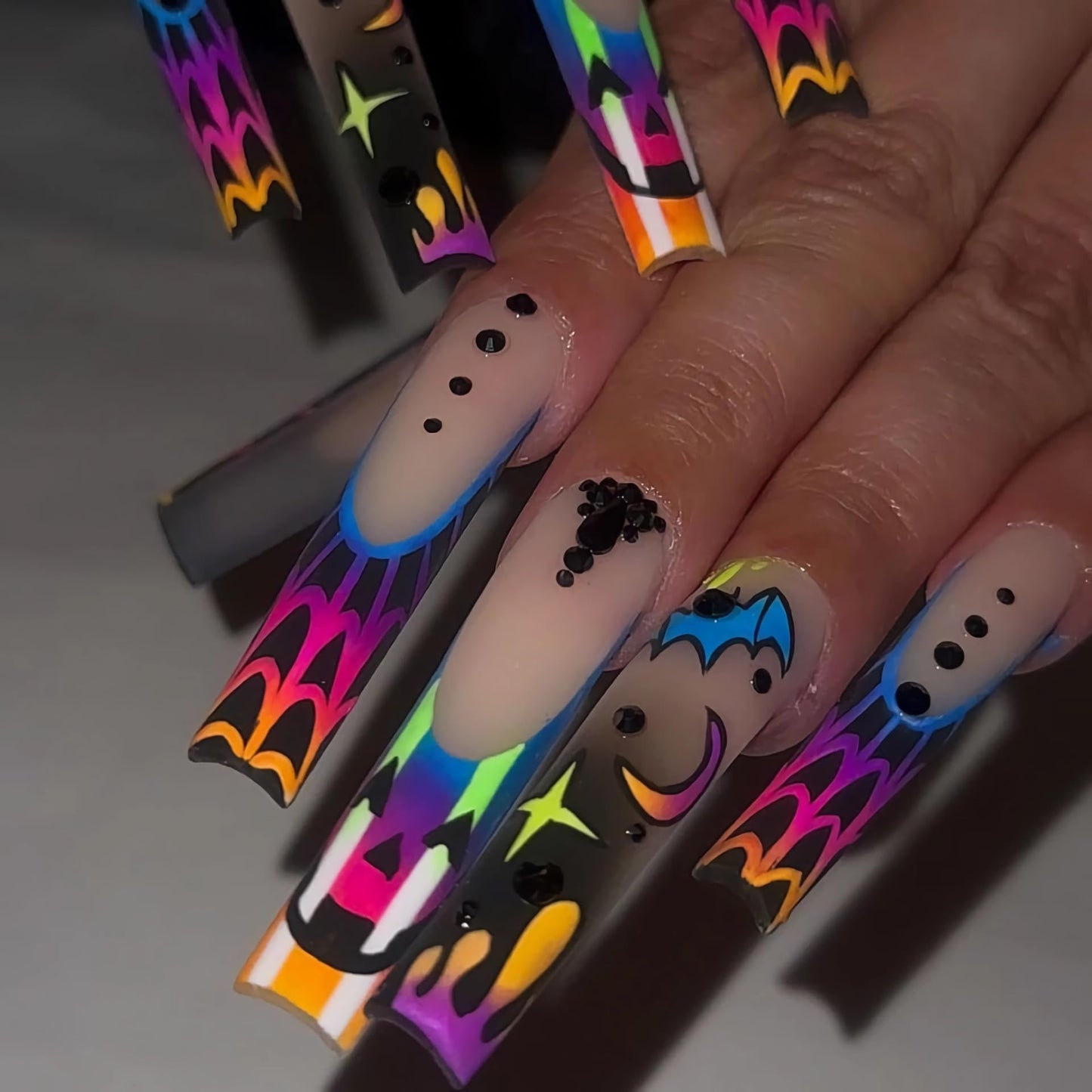 BABALAL Long Coffin Press on Nails Black Goth Glue on French Tip Pumpkin & Bat Halloween Design Spider Web Supplies Art 24Pcs Manicure Stick on Acrylic False Nails
