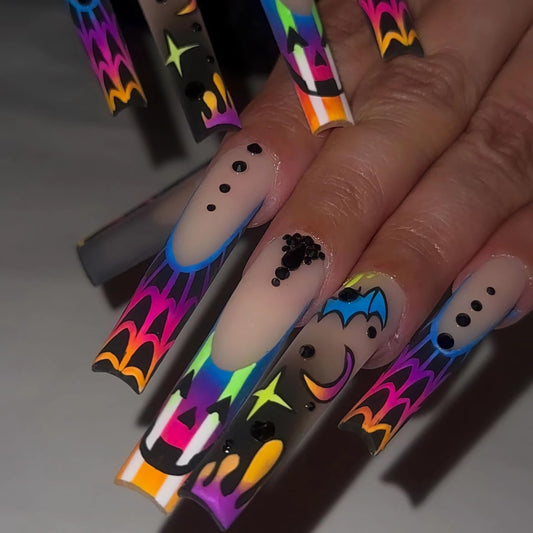 BABALAL Long Coffin Press on Nails Black Goth Glue on French Tip Pumpkin & Bat Halloween Design Spider Web Supplies Art 24Pcs Manicure Stick on Acrylic False Nails