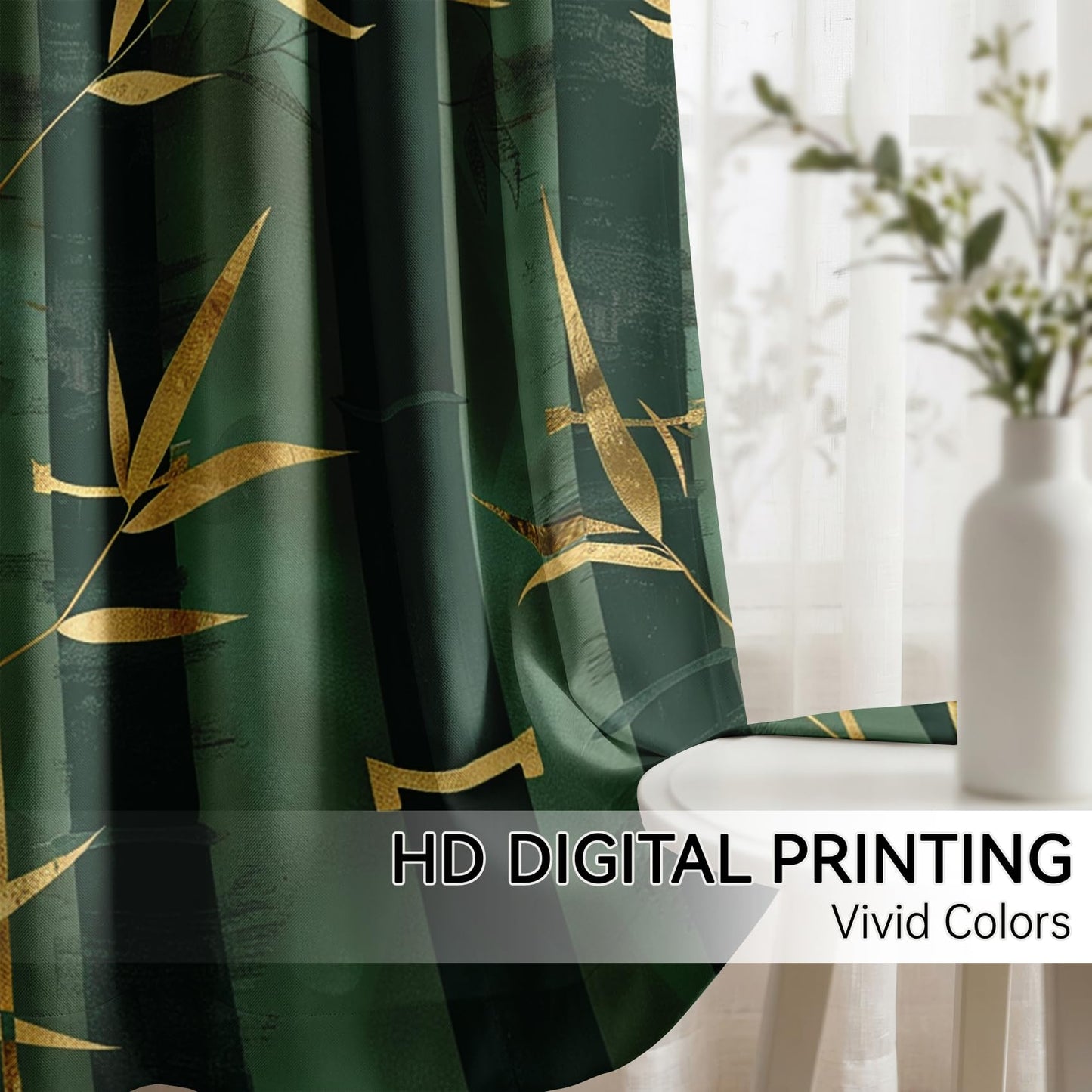 Mistwalk Gold and Green Bamboo Blackout Curtains for Bedroom & Living Room, 45 Inch Curtains 2 Panel Set, Room Darkening Thermal Insulated Grommet Drapes, Modern Art Zen Patterned Window Treatments