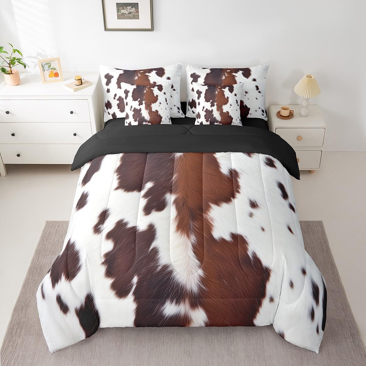 Erosebridal Cute Cowhide King Bed in A Bag 7 Piece for Teens Cow Print Western Comforter Set with Sheet Black Brown Cow Spots Bedding Set for Boys Adult Women Farm Animal Skin Bedding Comforter Set