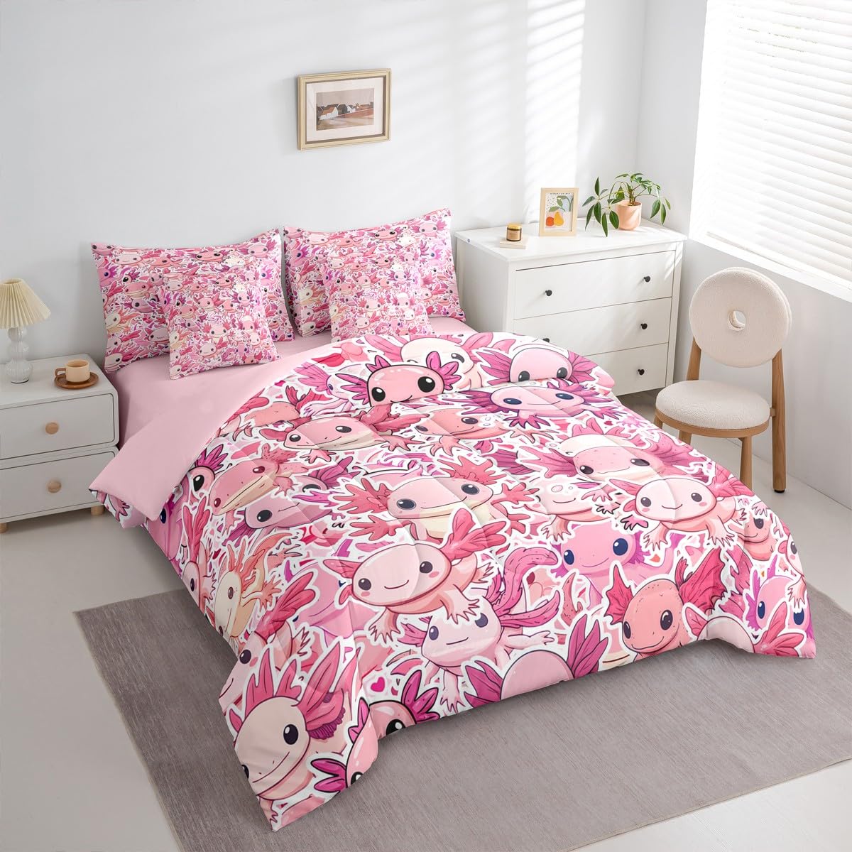 Erosebridal Girls Pink Axolotl Queen Comforter Set Kids Cute Axolotl Bed in a Bag with Flat and Fitted Sheet Kawaii Coastal Ocean Animal 7-Piece Bedding Set Cartoon Salamander Quilt Duvet Sets