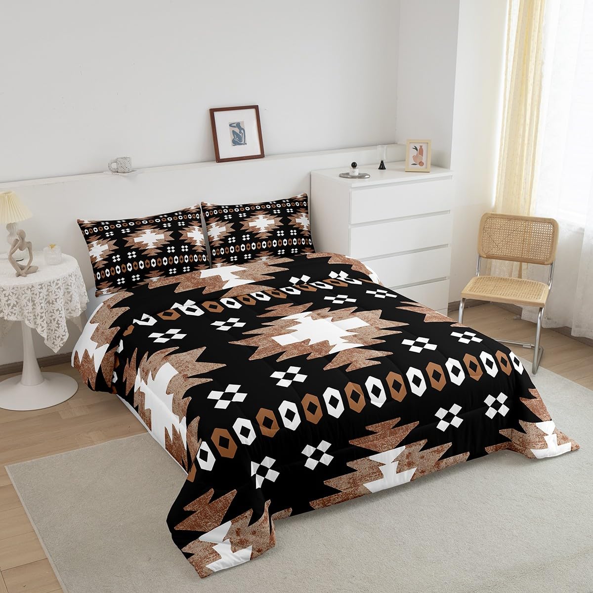 Feelyou Boho Comforter Set King Size Southwest Native American Design Comforter Southwestern Geometric Bedding Set Western Decor Duvet Set Room Decor Brown Balck Quilt Set