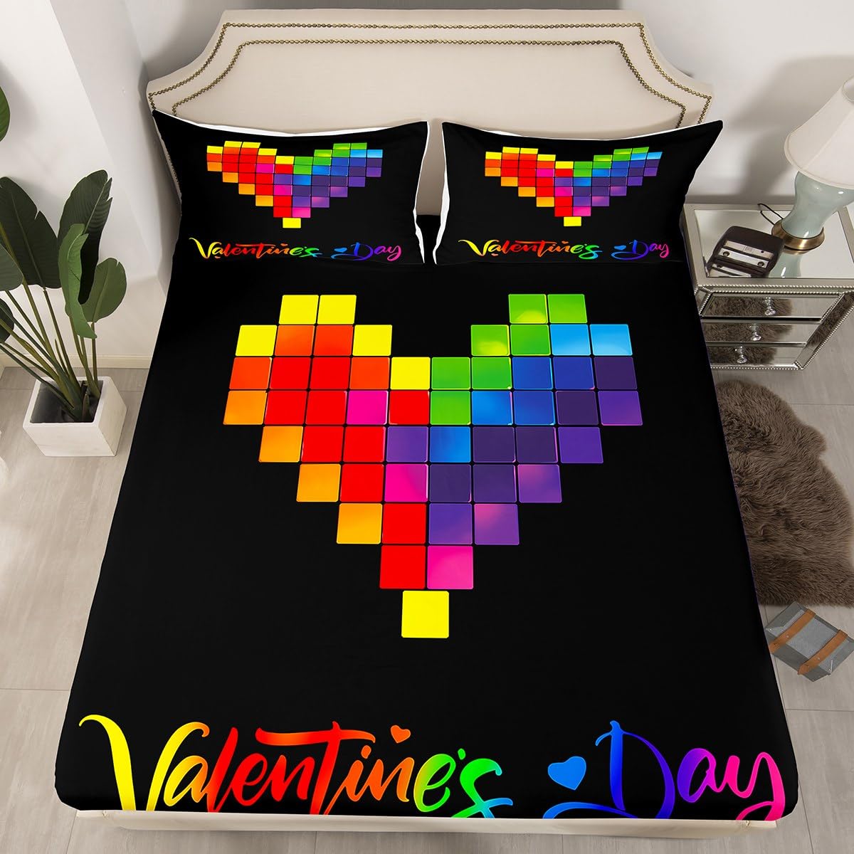 Feelyou Boys Girls Valentine's Day Bedding Set Full Size, Rainbow Bed Sheet Set Love Heart Fitted Sheet Kids Romantic Teens Bed Cover Bedroom Decor Lightweight Bed Set (No Flat Sheet)