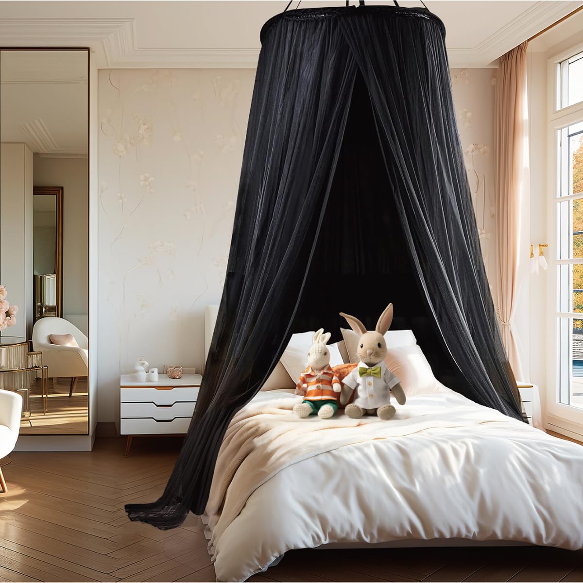 ZXPLO 40"x 106" Bed Canopy for Girls & Adults, Double Layer Princess Round Dome Bed Curtain Canopy Drapes, Dreamy Mosquito Net Reading Nook, Bedroom Decoration (Black)