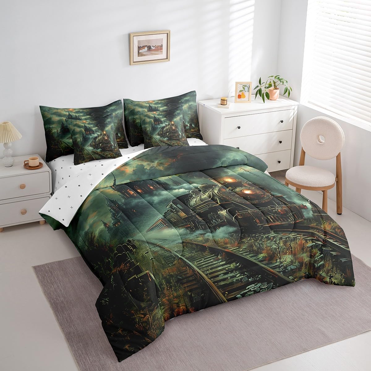 7 Pieces Twin Size Retro Train Comforter Set,Steam Locomotive Train Bedding Set for Boys Girls,Trippy Castle Jungle Halloween Theme (Comforter+Fitted+Flat Sheet+2 Pillowcases+2 Throw Pillow Covers)