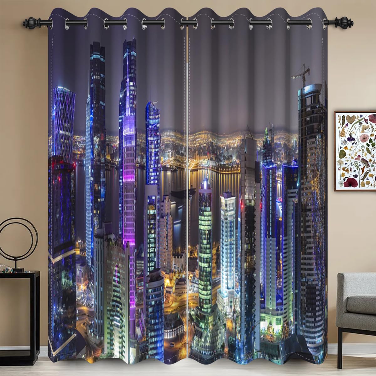 Umpoo New York Night View Blackout Curtains Urban Skyline Skyscraper Modern City Buildings Curtain for Office Living Room Bedroom Decor Window Drapes 2 Panel Set, 42x63 Inches