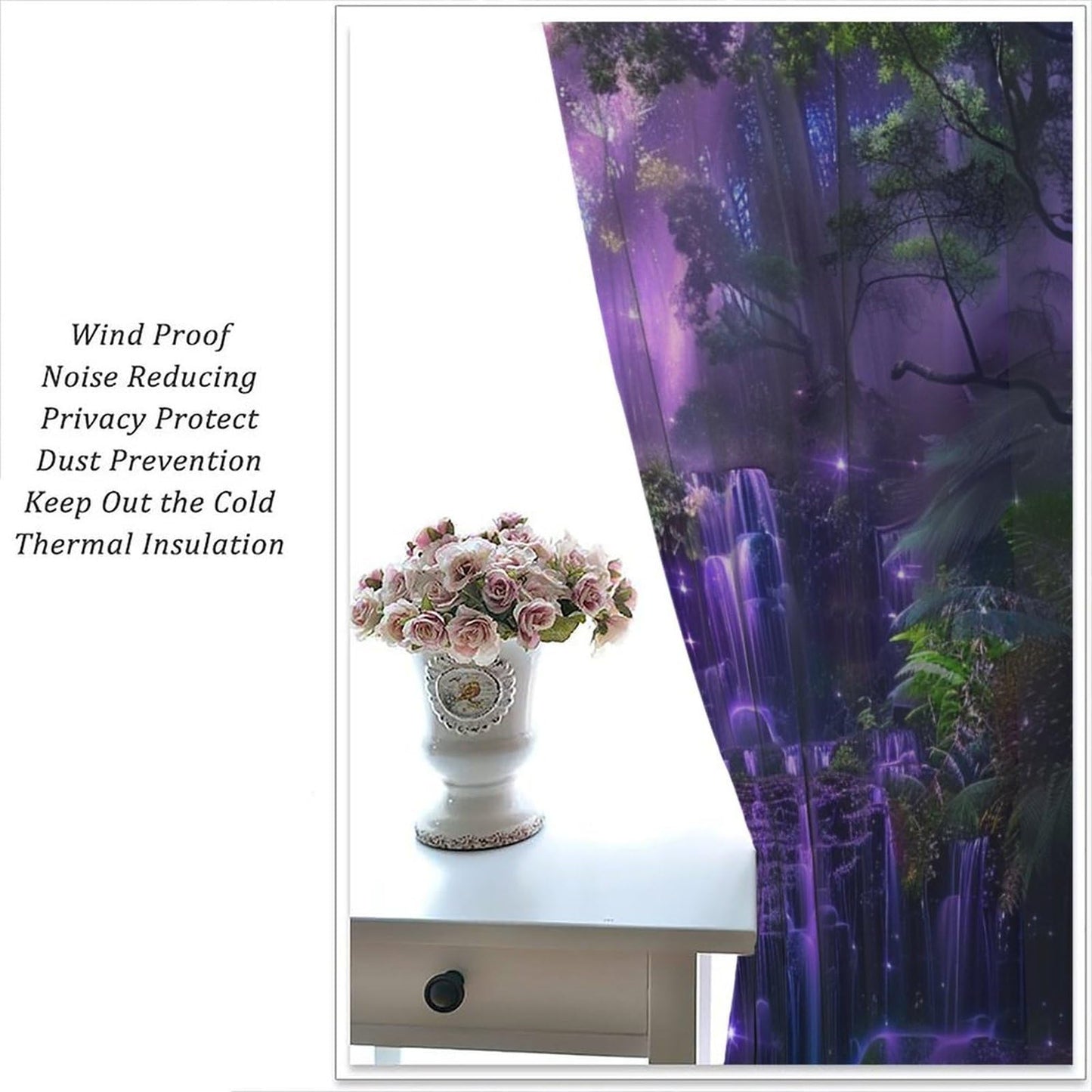 HZOHNAGO Enchanted Forest Curtains Fantasy Nature Purple Fireflies Waterfall Pattern Blackout Print Rod Pocket Window Drapes for Bedroom Living Room 42x63in